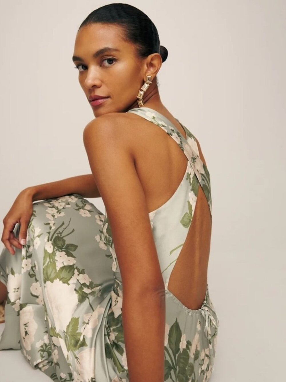 NEW Reformation Anaiis Long Silk Dress Tarragon Green Floral | size 0 - Picture 6 of 16